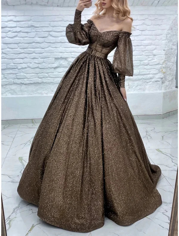 Luolandi A-Line Evening Gown Elegant Dress Formal Court Train Long Sleeve Off Shoulder Lurex Fabric with Pleats Strappy Sparkly